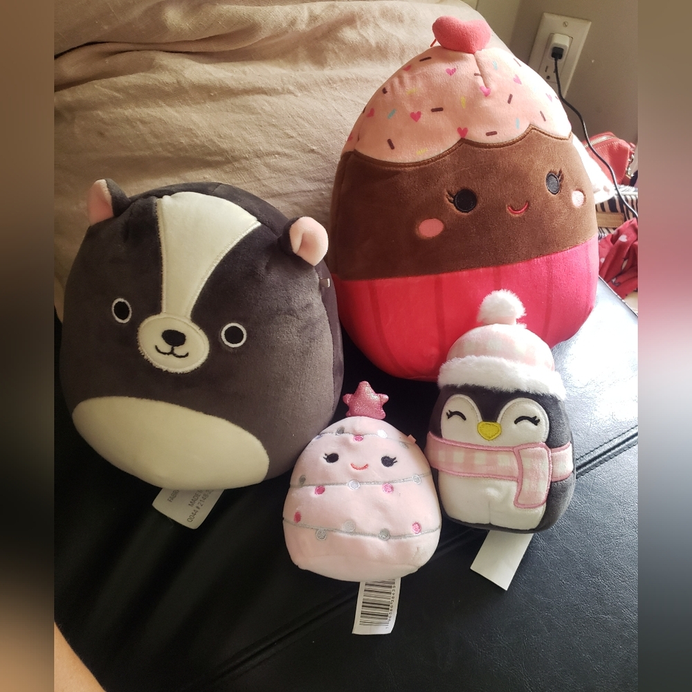 Squishmalow Cute Plush Toy Set - Skunk, Cupcake, Penguin, and Snowman